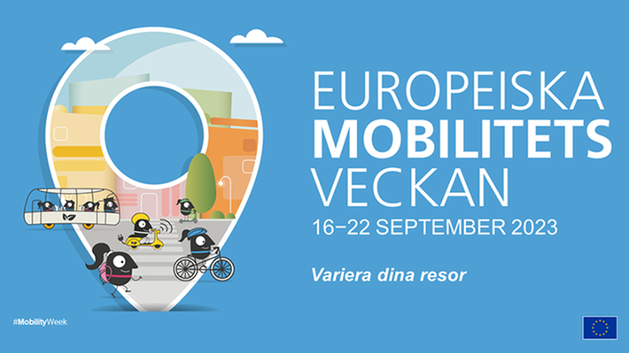 Tecknad bild med texten Europeiska mobilitetsveckan 16-22 september, variera dina resor