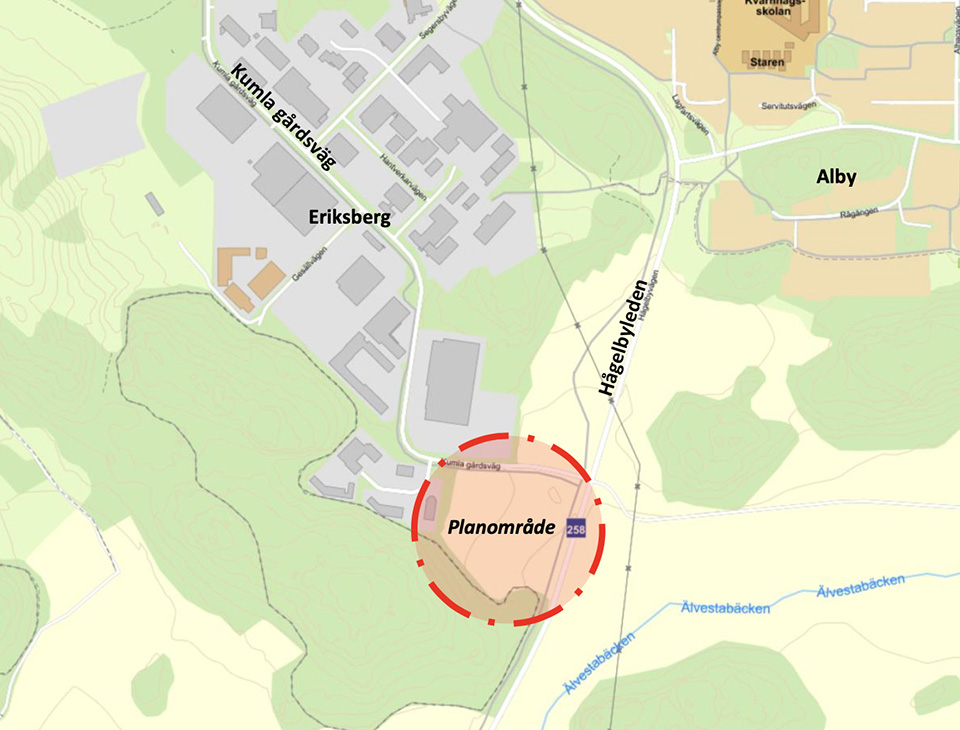 Kartbild med detaljplanområdet inringat i det norra hörnet Hågelbyleden/Kumla gårdsväg