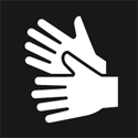 Symbolen för teckenspråk.: två vita händer mot svart bakgrund-