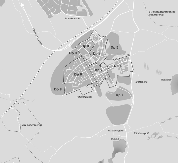 Kartbild över samtliga detaljplaneområden i Rikstens Friluftsstad