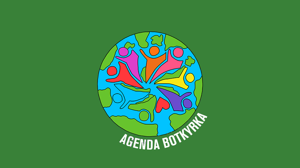 Symbol för Agenda Botkyrka. En jordglob i olika färger. Text Agenda Botkyrka 2022.