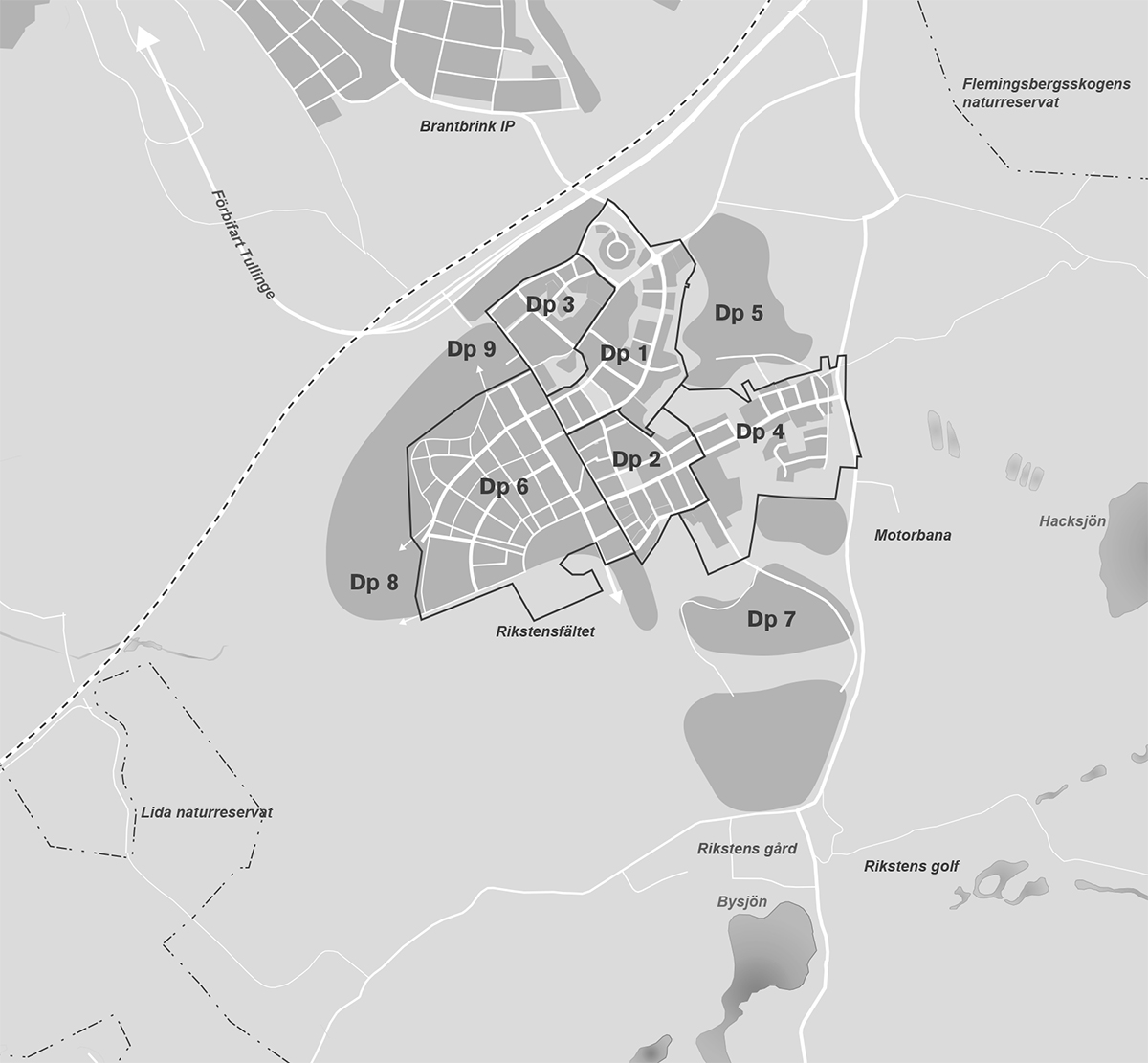 En karta över de planerade detaljplansetapperna i Riksten friluftsstad.