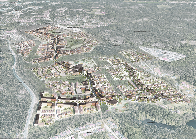 Flygvy som visar en visionsbild av den nya stadsdelen Kassmyraåsen med omkringliggande gröna områden och befintliga bostadsområden. 