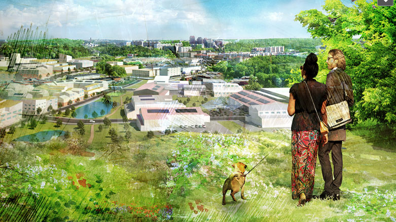 Bilden visar en vision för framtidens Södra Porten med vy från Botkyrkabacken (Amanda Wahlén, Sweco).
