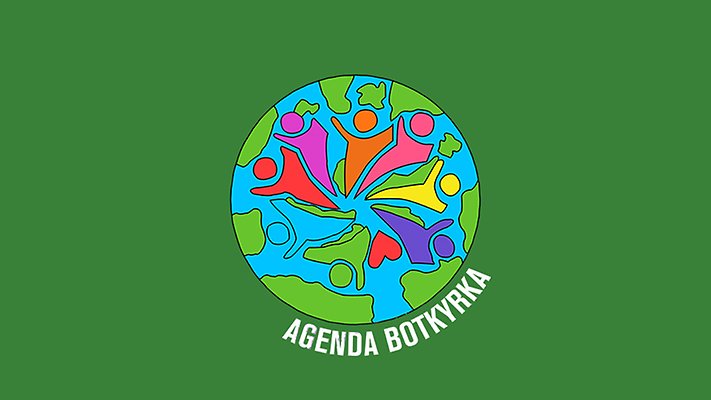 Symbol för Agenda Botkyrka. En jordglob i olika färger. Text: Agenda Botkyrka.
