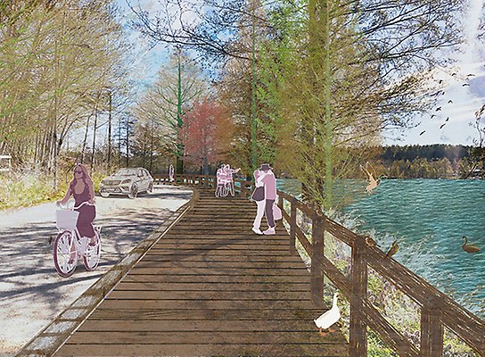 Visionsbild: personer promenerar på ett trädäck längst Tullingesjön. 