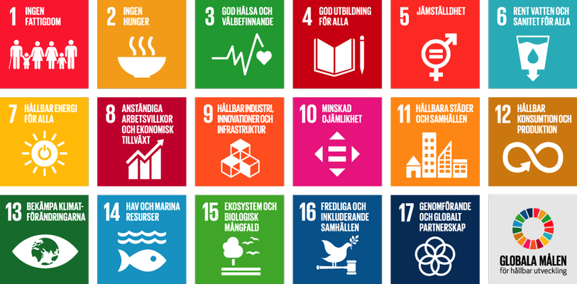 Illustration som visar de de globala målen i Agenda 2030 i olika färger.