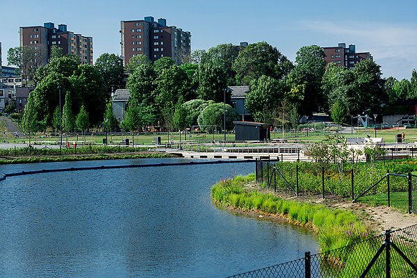 En översiktsbild av dagvattenparken vid Fittja äng.